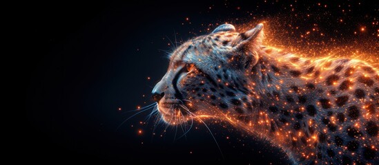 mash line and point cheetah in flames style on dark background - obrazy, fototapety, plakaty