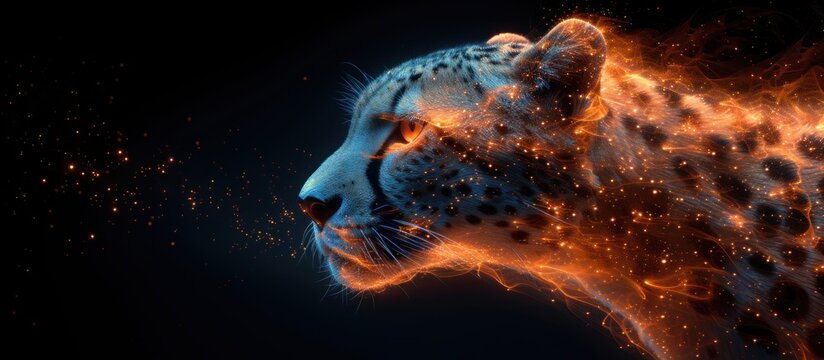 mash line and point cheetah in flames style on dark background