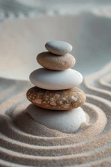 Tuinposter Stacked zen stones sand background, art of balance © Anna