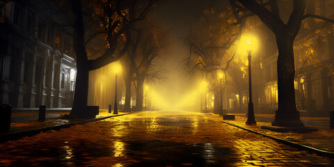 A street light on the empty road with rainy night in the rain Autumn foggy city street with road and yellow lights background Ai Generative