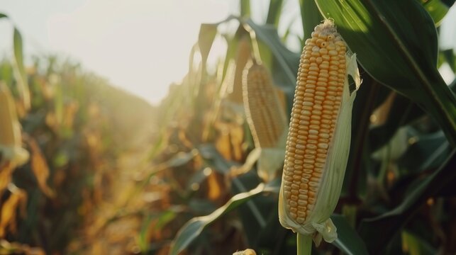Corn Cob Hanging From Stalk in a Corn Field