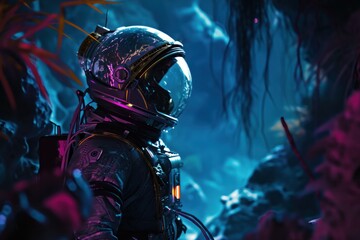 a man in a space suit is standing in a cave
