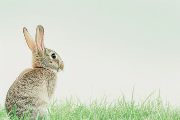 Fototapeta premium An Audubons Cottontail is perched in the grass, gazing upwards