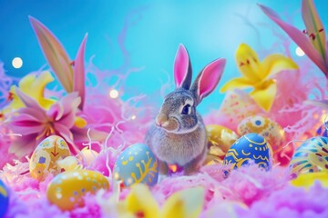 a bunny rabbit is sitting in a pile of easter eggs and flowers