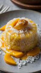 Thai mango sticky rice with sweet coconut milk drizzle.
