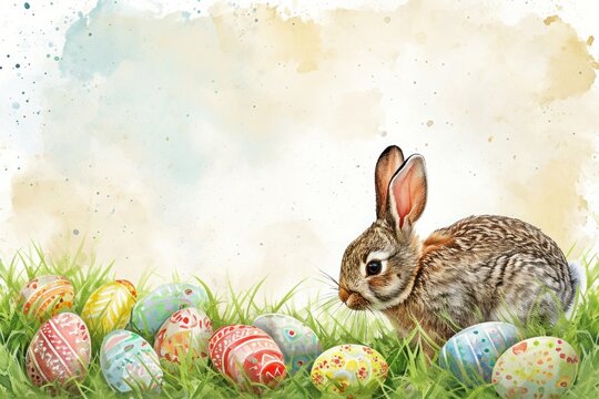 a rabbit is sitting in the grass surrounded by easter eggs