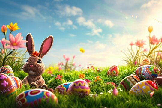 an easter bunny is sitting in the grass surrounded by easter eggs