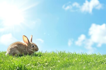 A small rabbit is enjoying the sunny day in the grass