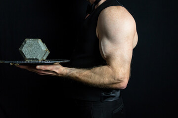 Muscular Waiter in Black Vest and Bare Arms Holding Dumbbell on Serving Tray. Sexy Bodybuilding...