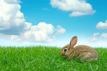 Fototapeta premium A happy cottontail rabbit sitting in the grass under sunny skies