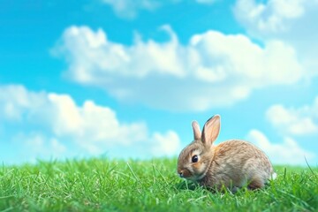 a small brown rabbit is sitting in the grass on a sunny day