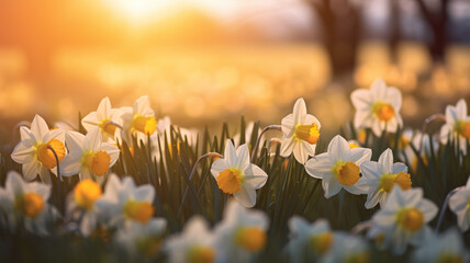 White daffodils in the field. Spring flowers in evening lit by the setting sun.