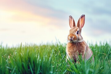 Obraz premium A Mountain Cottontail rabbit is standing in the grass, looking at the camera