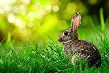 A wood rabbit is perched in the grass, gazing upwards