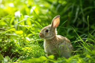 Naklejka na ściany i meble Audubons Cottontail rabbit sitting in grass, gazing at camera