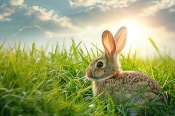 Fototapeta premium a small rabbit is sitting in the grass looking at the camera