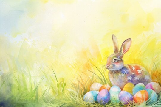 A happy rabbit with big ears sits next to painted eggs in the grassland