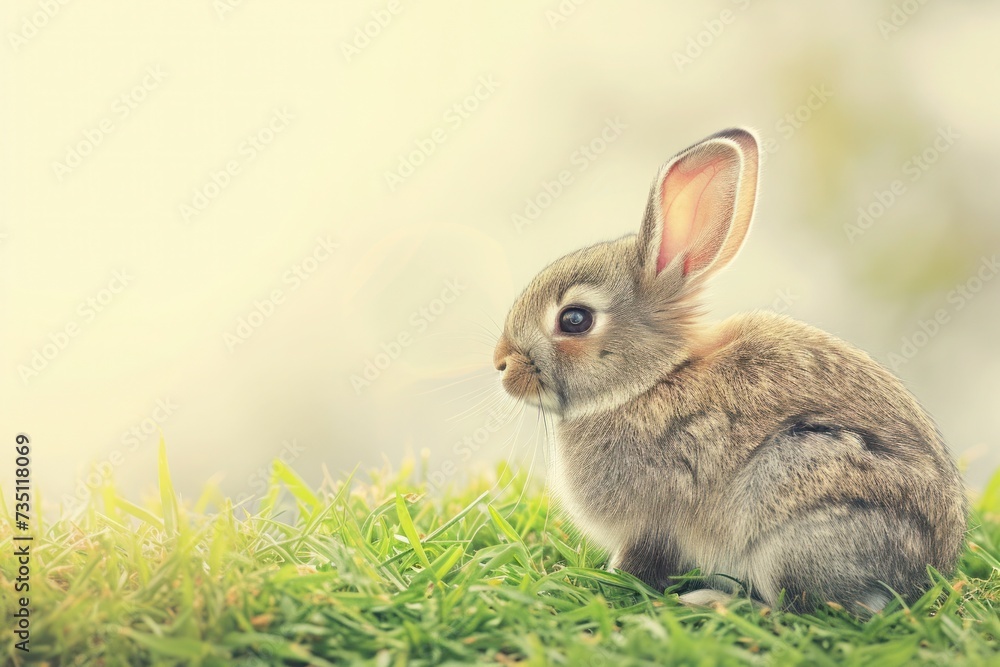 Wall mural Audubons Cottontail, a small rabbit, sits in the grass and gazes at the camera - Wall murals
