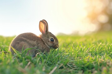 Fototapeta premium A small Mountain Cottontail rabbit is seated in the grass, gazing at the camera