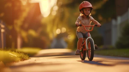 Fotobehang energetic and cheerful young girl with pigtails wearing a helmet rides her cute bicycle, beaming with joy and laughter as she enjoys a sunny day in the park © Viktorikus