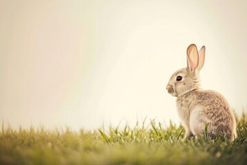 Fototapeta premium A small Mountain Cottontail rabbit sits in the grass, gazing at the camera