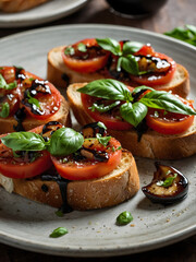 Tomato basil bruschetta with a drizzle of balsamic reduction on crusty baguette slices.