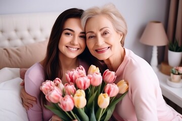 Happy and beautiful young woman and her mother with tulip flowers in hands at home