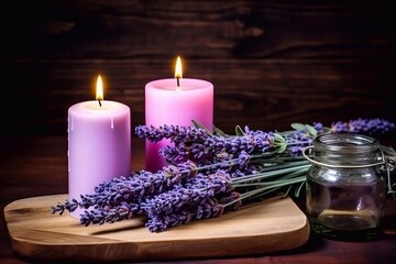 Obraz na płótnie Canvas Bouquet of lavender, driftwoods, lighted candle and tiny glass bottles on a wooden background. Alternative medicine, aromatherapy,