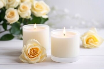 Fototapeta na wymiar Beautiful, colored burning scented candles for relaxation on a white wooden table