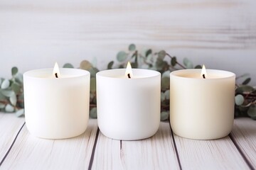 Fototapeta na wymiar Beautiful, colored burning scented candles for relaxation on a white wooden table