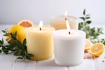 Obraz na płótnie Canvas Beautiful, colored burning scented candles for relaxation on a white wooden table