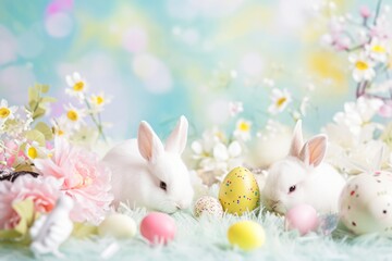 Naklejka na ściany i meble Two white rabbits, Easter eggs, and flowers in grassy setting