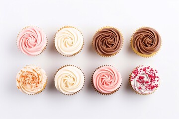 Delicious set of cupcakes with beautiful decoration isolated on white background. shoot from above