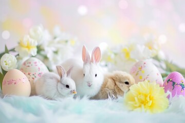 Naklejka na ściany i meble Baby rabbits with flowers and Easter eggs in a Happy Easter still life scene