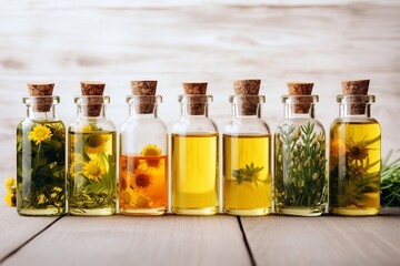 Different holistic herbs in oil bottles in a row on a wooden plank, light background. Chamomile, calendula, basil herbal aroma therapy - obrazy, fototapety, plakaty