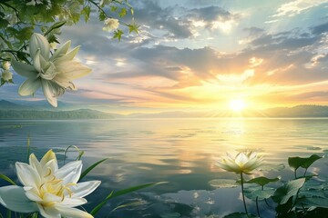 a sunset over a lake with lotus flowers in the foreground