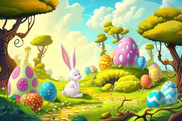 Obraz na płótnie Canvas a bunny is sitting in a field surrounded by easter eggs