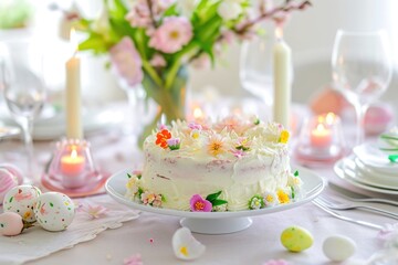 Obraz na płótnie Canvas Cake on plate with candles, flowers for wedding ceremony