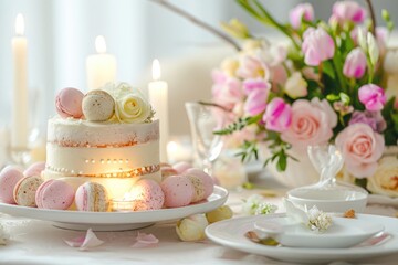 A pink cake sits on the table surrounded by flowers in the background