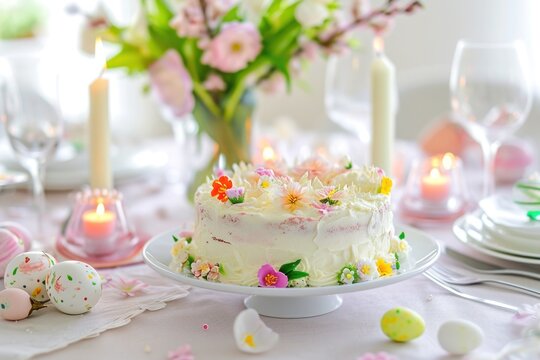 Cake on plate with candles, flowers for wedding ceremony