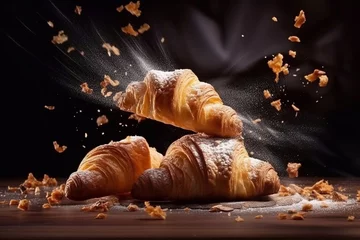 Wandcirkels plexiglas Delicious freshly baked croissants and sweet pastries fly in the air. Sweet dessert. Baking. © Ирина Курмаева