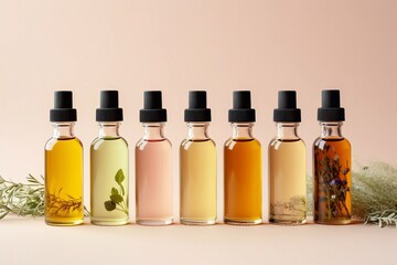Glass dropper bottles with cosmetic oil, essential or serum and green moss isolated on pastel beige background. Concept of natural organic spa cosmetics. Herbal homeopathic products Banner,