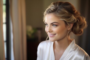 Hair and makeup that emphasize beauty. Wedding hairstyle. Morning of the bride