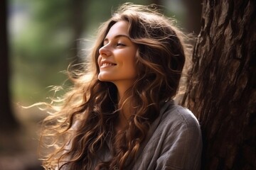 Naklejka premium Mindfulness-based cognitive therapy, Mindfulness practices. Young woman with long hair relaxing in forest