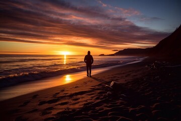 Fototapeta na wymiar We meet the sunrise on the seashore. Silhouette of a person walking along the shore