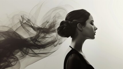 Ethereal Side Profile of a Woman With Dark Flowing Hair Evoking Movement