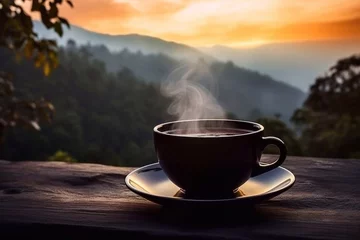Foto op Plexiglas Fragrant and tasty morning cup of coffee with black background at sunrise © Ирина Курмаева