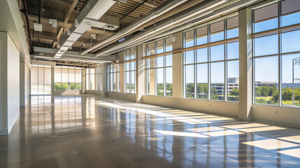 An uninhabited space featuring expansive windows offering a panoramic view of the cityscape.