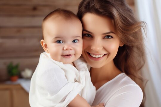 Mother and baby closeup portrait, happy faces, family picture, adorable small boy, mom and kid having fun indoor, parents joy, holding little child, healthy toddler and mommy, happiness concept