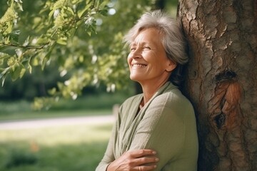 
Side view of mature woman hugging tree and smiling outdoor. Portrait of elegant senior female embrace tree trunk in summer park - Powered by Adobe